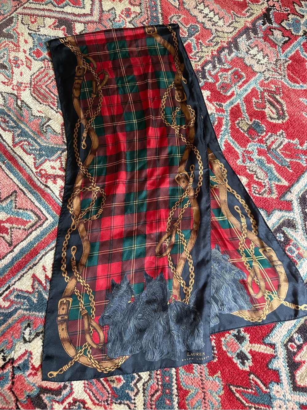 Vintage Lauren Ralph Lauren Scottie Dog Plaid Silk Scarf